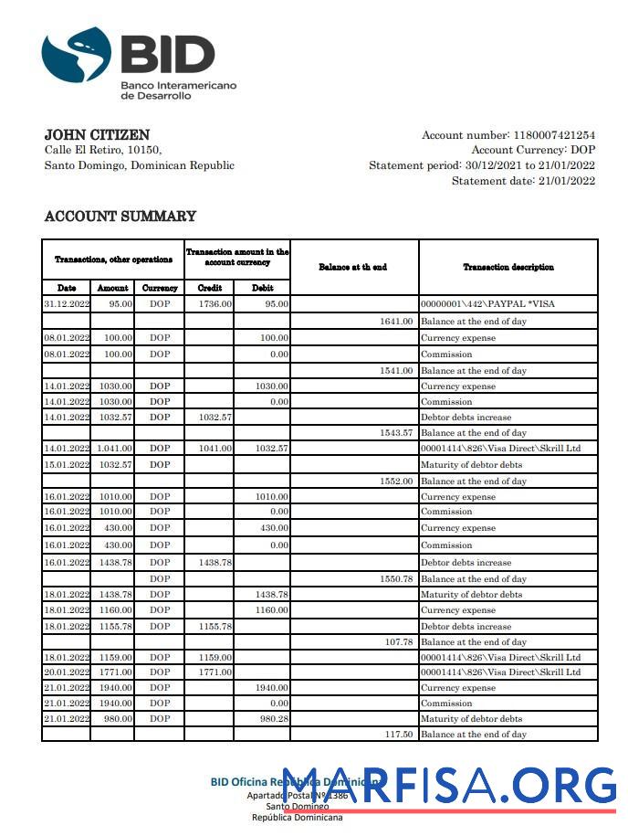 Downloadable Dominican Republic Bid bank statement excel real example